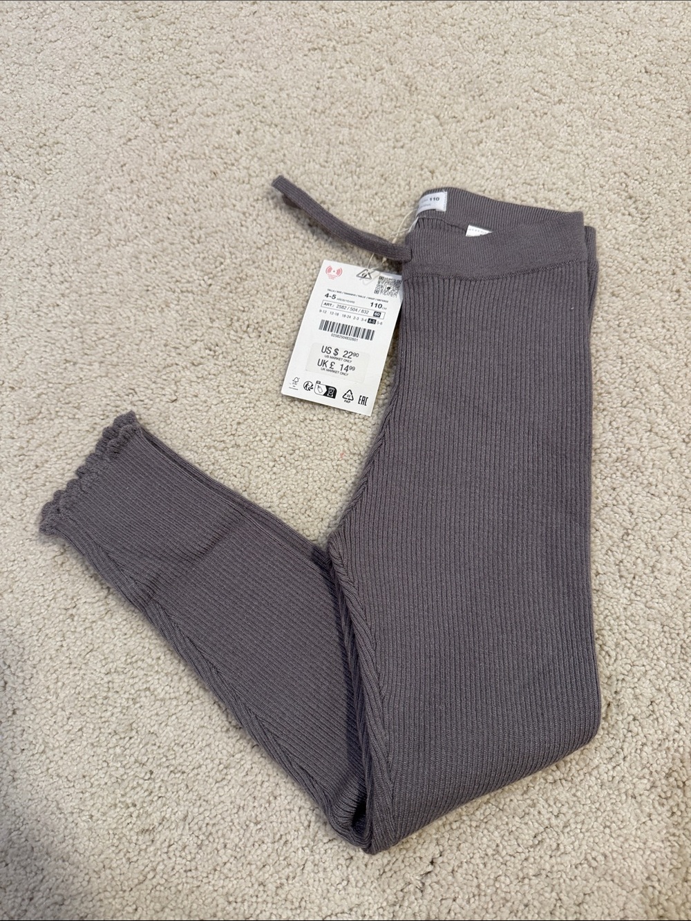 Zara Girls' Ribbed Leggings in Charcoal Gray